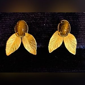 Vintage CRC 12k gold filled Earrings Carved Tigers Eye